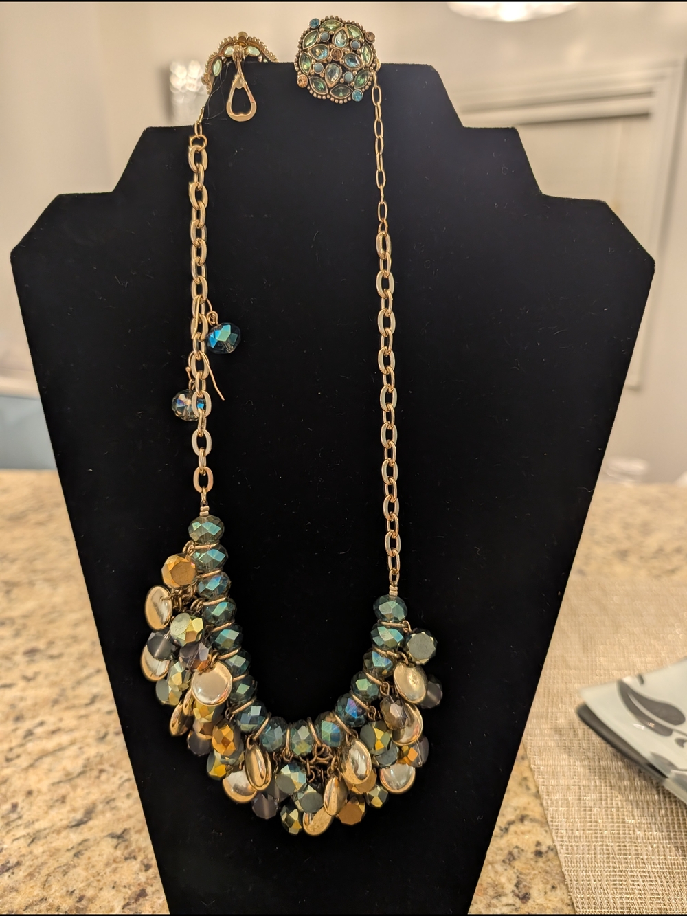 Gold Chain Necklace with Teal Gold Beads. One Pair Pierced and One Clip Earrings